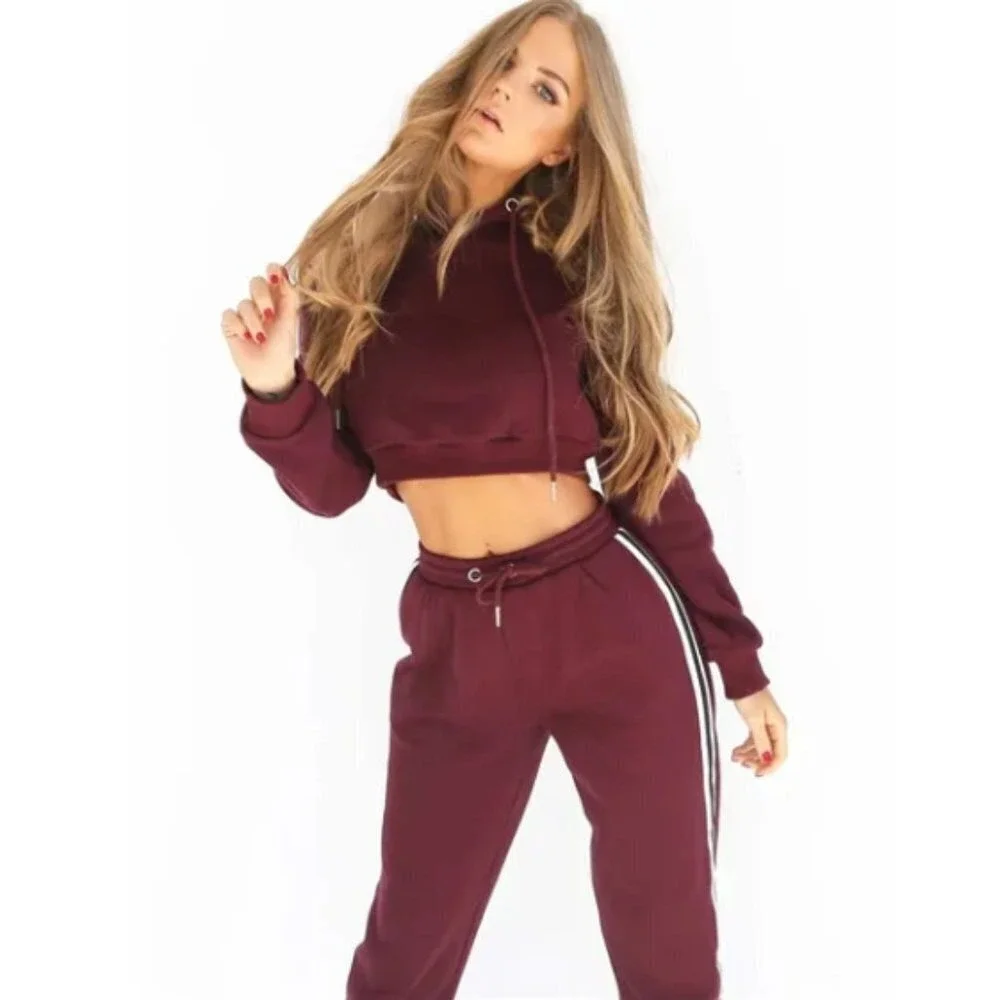 SHEIN Womens Burgundy Crop Top Hoodie Sweatshirt and Sweatpants‎ Tracksuit Set L